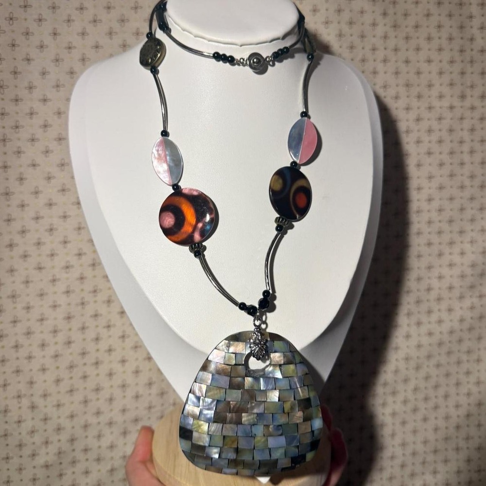 Mother of Pearl Mosaic Pendant Necklace Black Beaded Long Statement Boho